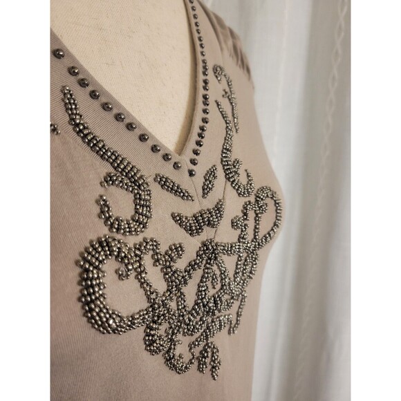 Alfani Beaded Rouched Shoulder Beige Sleeveless Top Small - Picture 2 of 9